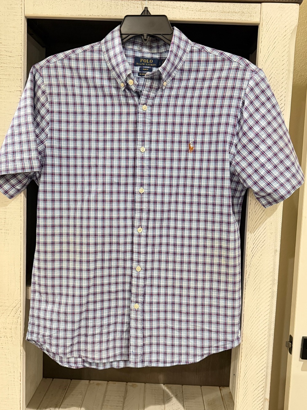 Ralph Lauren Polo Short-Sleeve Plaid Slim Fit Button-Down Shirt - Blue/White